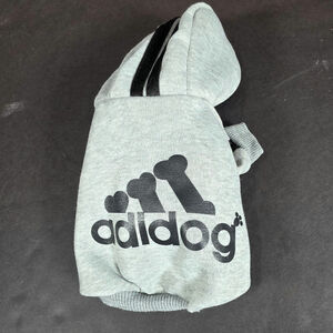 Small Dog Adidog Fleece Hoodie Grey Sweatshirt Snaps Sporty Casual Fun Fall Nice